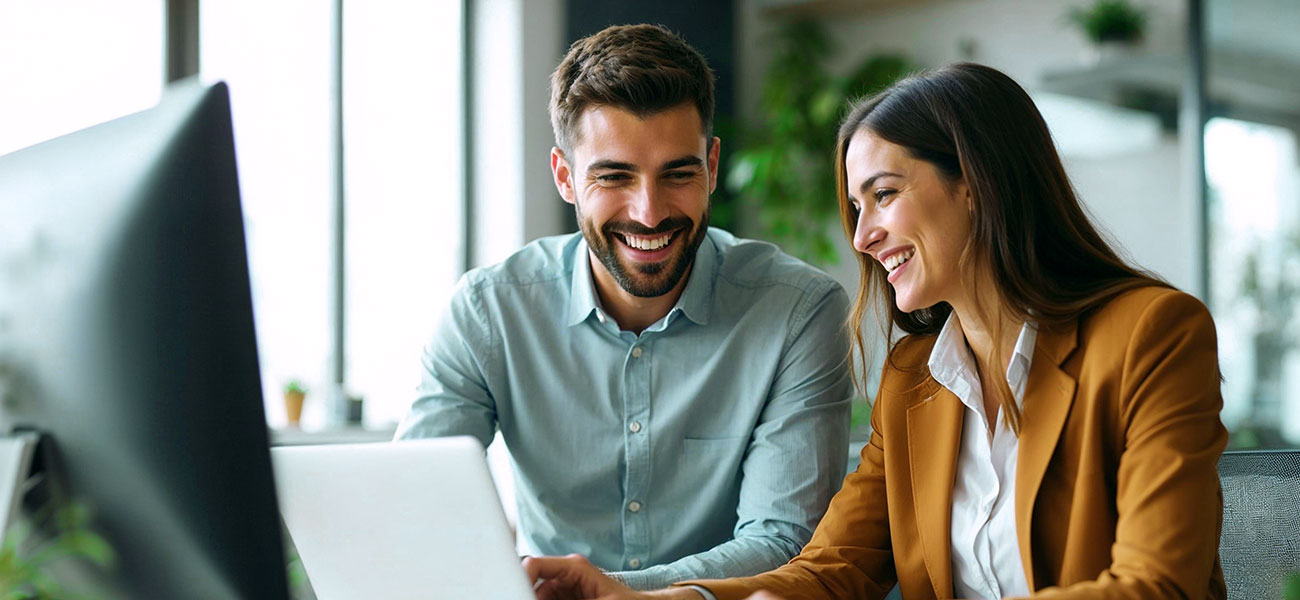two women and man looking at a laptop at work